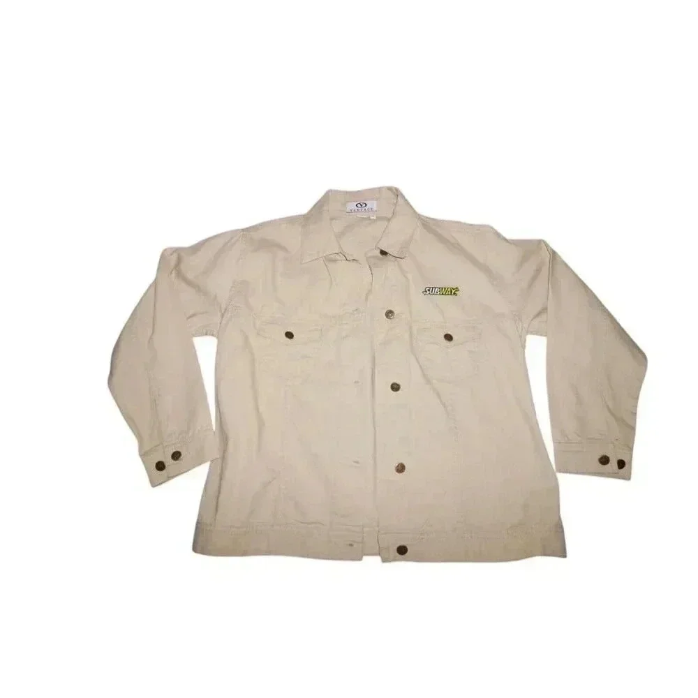 VTG Subway Sandwiches Womens M Restaurant Promo Tan Denim Jean Jacket RARE